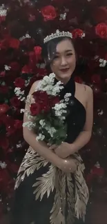 Woman in floral crown with bouquet against red rose backdrop.