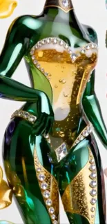 Elegant crystal art with floral design and green accents.