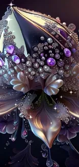 Elegant floral design with crystals in dark purple and silver tones.