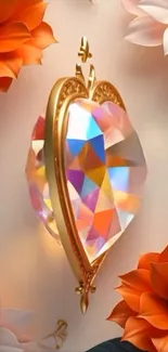 Radiant crystal heart with orange flowers wallpaper
