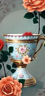 Elegant vintage cup with colorful roses.