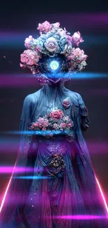 Cyberpunk figure in floral design with pink roses, dark blue tones.