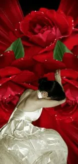 A dancer in white with vibrant red roses background.