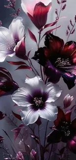 Dark-themed floral wallpaper with burgundy and white blossoms
