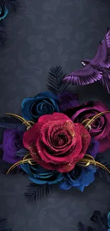 Elegant dark wallpaper with roses and bird design.