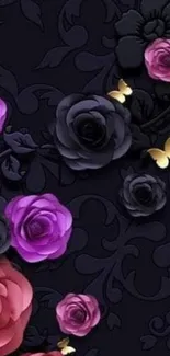 Elegant dark floral wallpaper with roses and butterflies.