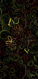 Elegant dark floral wallpaper with neon outlines.