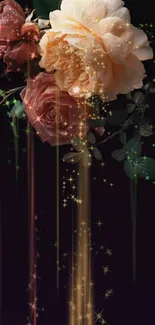 Elegant wallpaper with roses and stars on dark background.