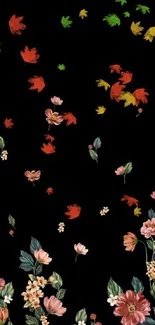 Elegant floral wallpaper with flowers on a black background.