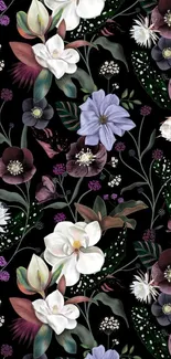 Elegant floral wallpaper with white and purple flowers on a dark background.