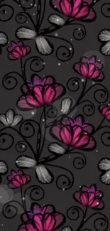 Elegant black wallpaper with pink and white floral design.