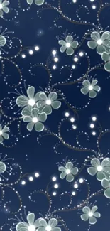 Elegant floral design on dark blue background wallpaper.