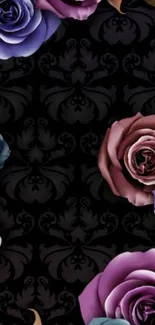 Dark floral wallpaper with vibrant roses against a black background.