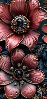 Intricate floral design with vibrant pink flowers on a dark blue background.