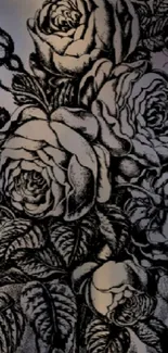 Intricate black and white floral wallpaper with rose design.