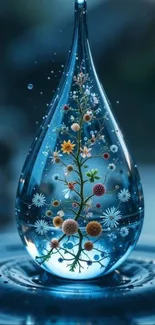 Floral design inside a clear dewdrop on a phone wallpaper.