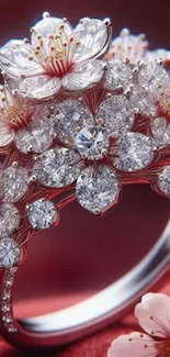 Artistic floral diamond ring on red background wallpaper.