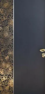 Dark blue wallpaper with golden floral door design.