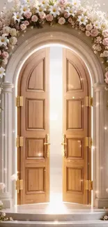 Floral archway with elegant wooden doors.