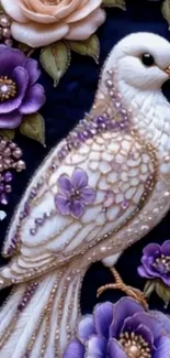 Elegant dove with purple flowers on a decorative background.
