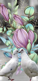 Elegant artwork with doves and stylized floral design in pastel hues.