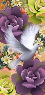 White dove with vibrant floral background.