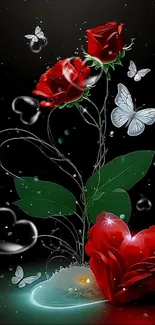 Elegant wallpaper with red roses and butterflies.