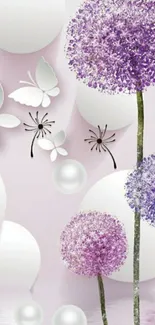 Delicate lavender allium and white butterflies with a pastel background.