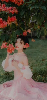 Woman in pink dress with flowers, serene wallpaper.