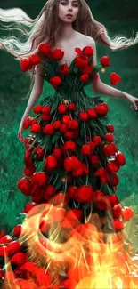 Woman in a red floral dress with a green background and fiery elements.