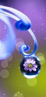 Floral droplet art with purple and blue tones in mobile wallpaper.