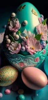 Teal Easter egg with floral design, surrounded by colorful decorations.