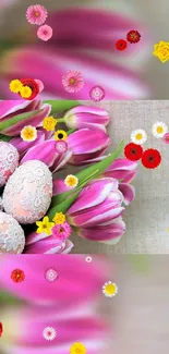 Lace-patterned Easter eggs with pink tulips and colorful flowers.