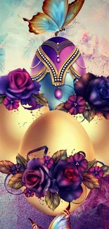 Elegant golden eggs and floral designs with butterflies on wallpaper.