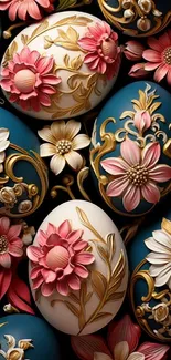 Intricate floral designs on ornamental eggs in teal and gold hues.