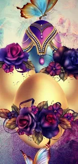 Elegant golden eggs with roses and butterflies.