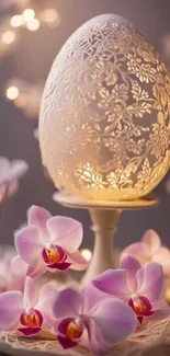 Elegant egg with floral pattern and pink orchids.