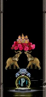 Elephants, roses, and cultural motifs on black wallpaper.