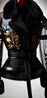 Elegant black jacket with floral embroidery, stylish design.