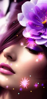 Elegant face adorned with vibrant purple flowers.