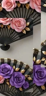 Mobile wallpaper with floral fan pattern and roses