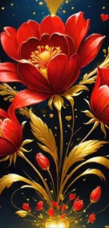 Red and gold floral wallpaper with vibrant blooms and elegant design.