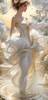 Graceful woman in flowing gown amidst floral fantasy art.