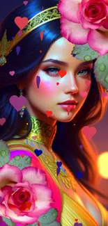 Artistic mobile wallpaper with a fantasy woman adorned with vibrant flowers.