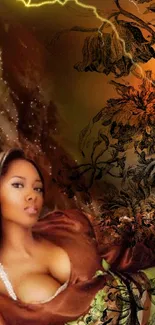 Elegant fantasy art wallpaper with floral and brown tones.