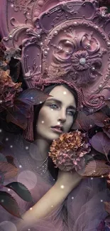 Woman in fantasy floral setting with lavender hue.