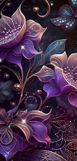 Elegant floral wallpaper with fantasy purple flowers and butterfly.