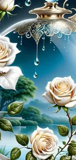 Elegant fantasy art with white roses and serene background.