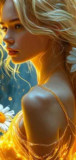 A woman in glowing fantasy setting with flowers in her hair.