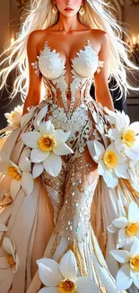 Elegant woman in floral fantasy dress wallpaper